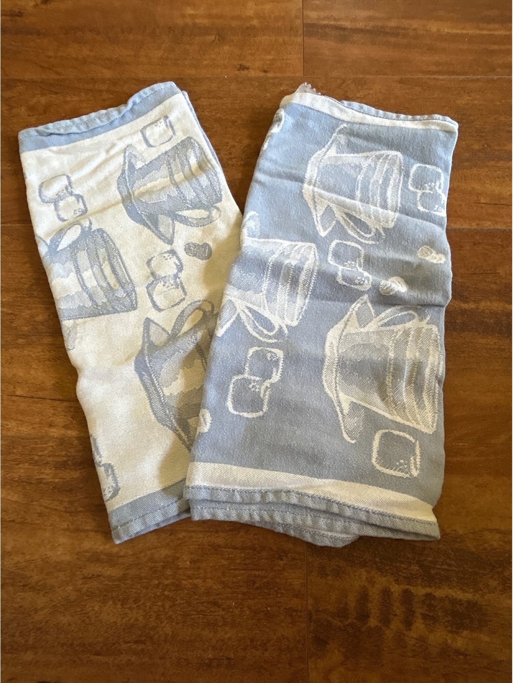 Set of Two Blue and White Kitchen Towels with Teapot and Cup Design